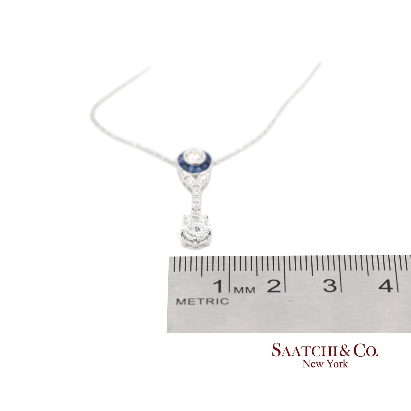 18K White Gold Natural Diamond and Pie Cut Sapphire Pendant with 14K Gold Chain