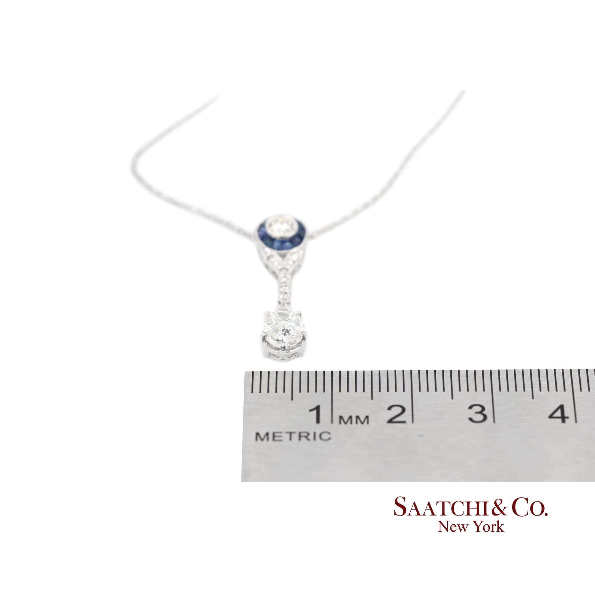 18K White Gold Natural Diamond and Pie Cut Sapphire Pendant with 14K Gold Chain