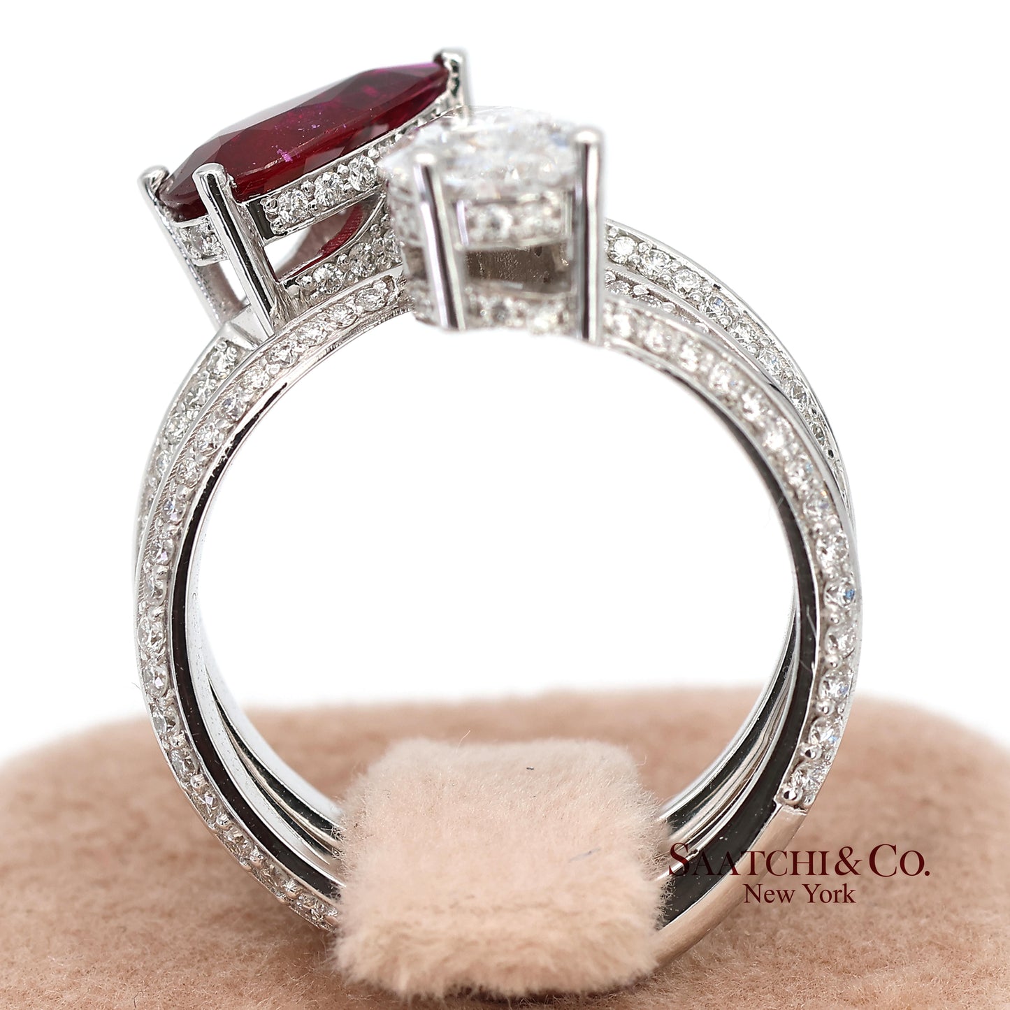 18K(750) Solid White Gold Natural Diamond and Ruby Toi et Moi Ring