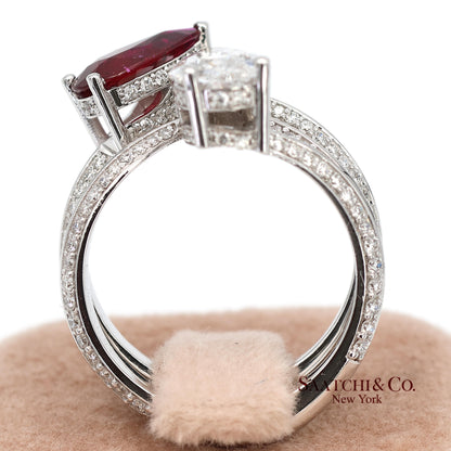 18K(750) Solid White Gold Natural Diamond and Ruby Toi et Moi Ring