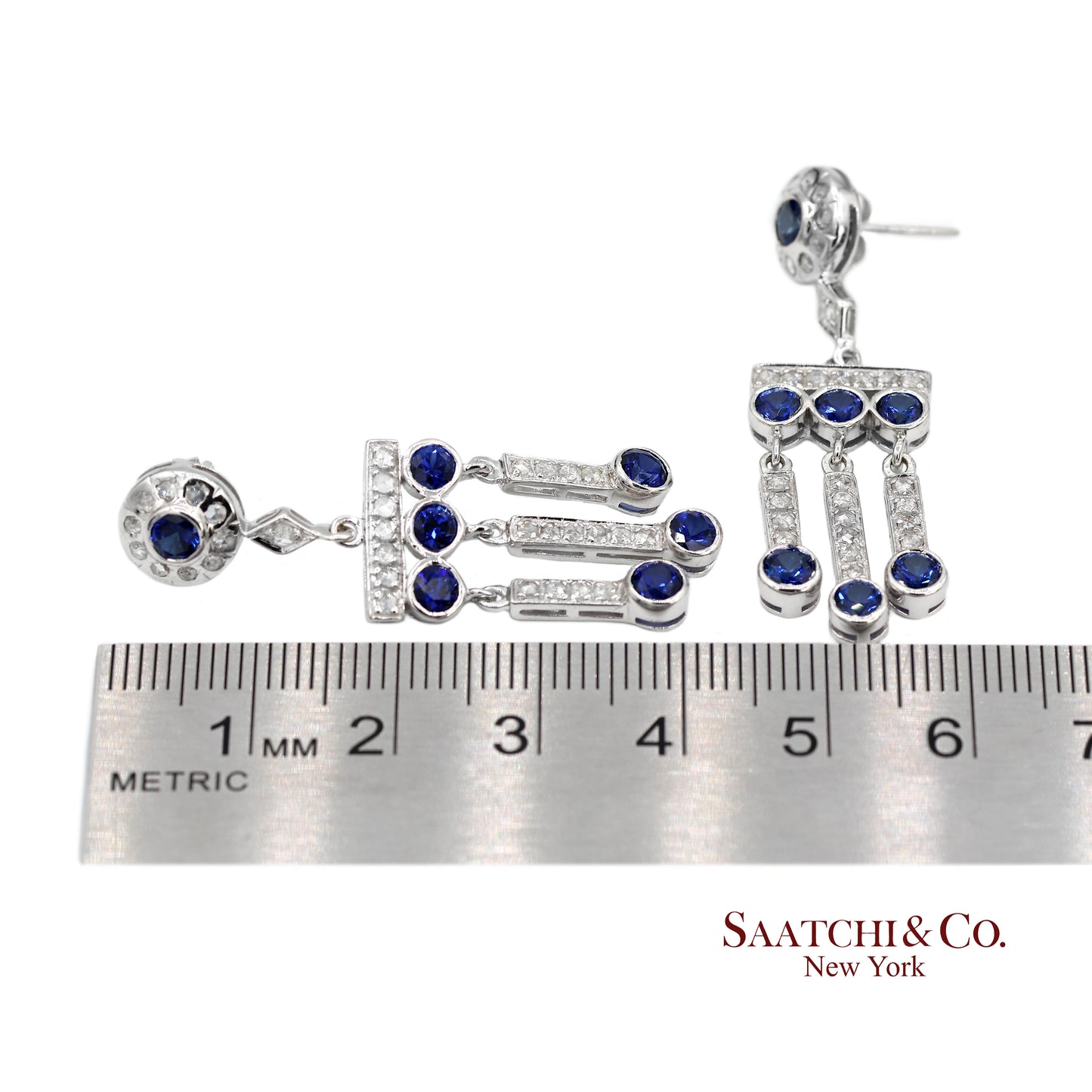 14K(585) Vintage White Gold Natural Diamond and Sapphire Earrings