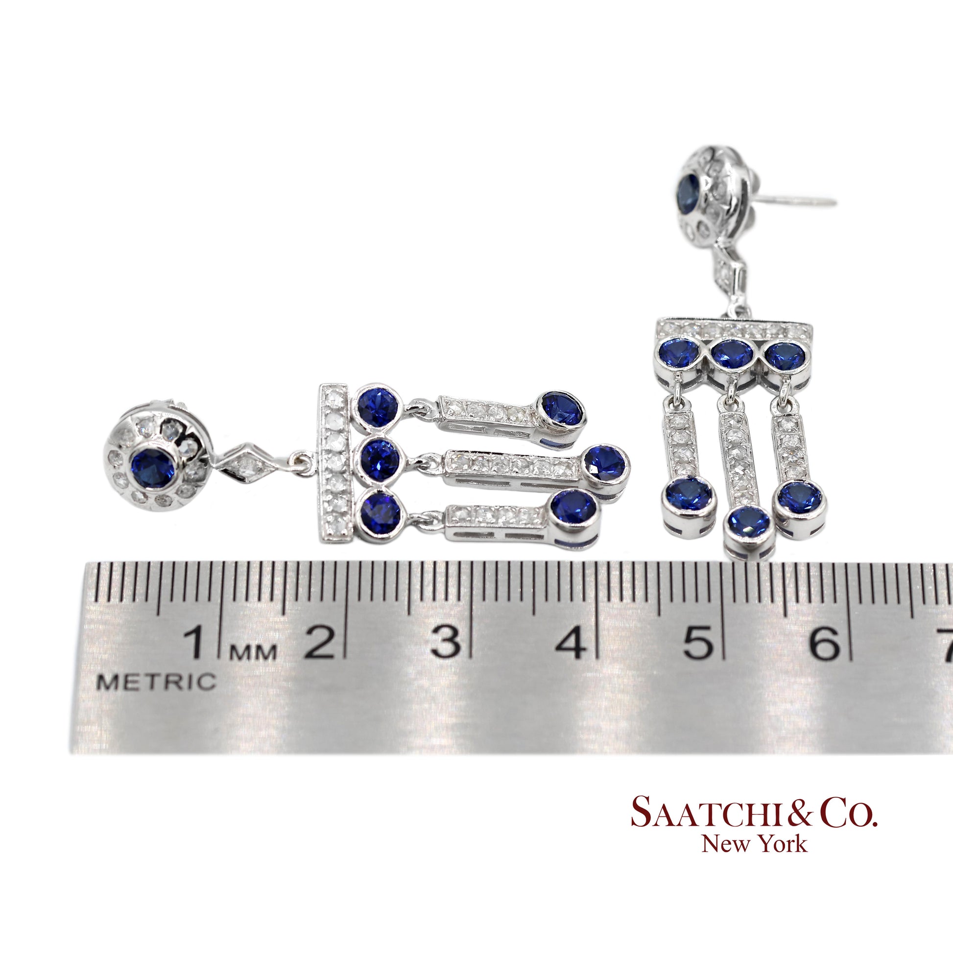 14K(585) Vintage White Gold Natural Diamond and Sapphire Earrings