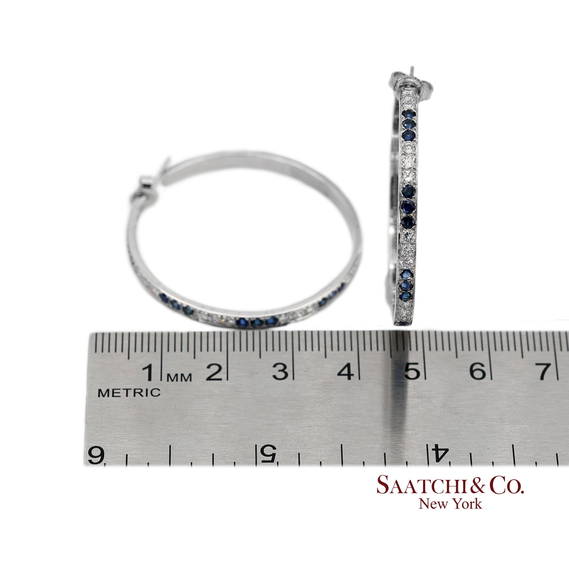 18K(750) Solid White Gold Natural Diamond and Sapphire Hoops Earrings