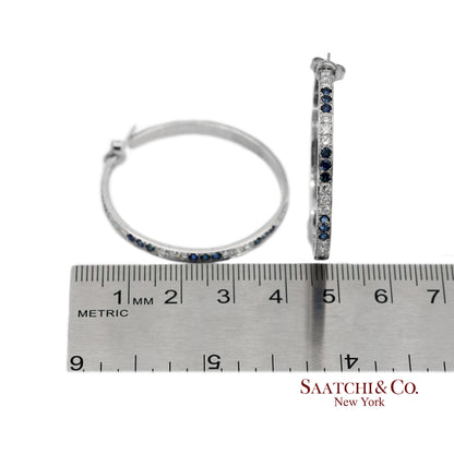 18K(750) Solid White Gold Natural Diamond and Sapphire Hoops Earrings