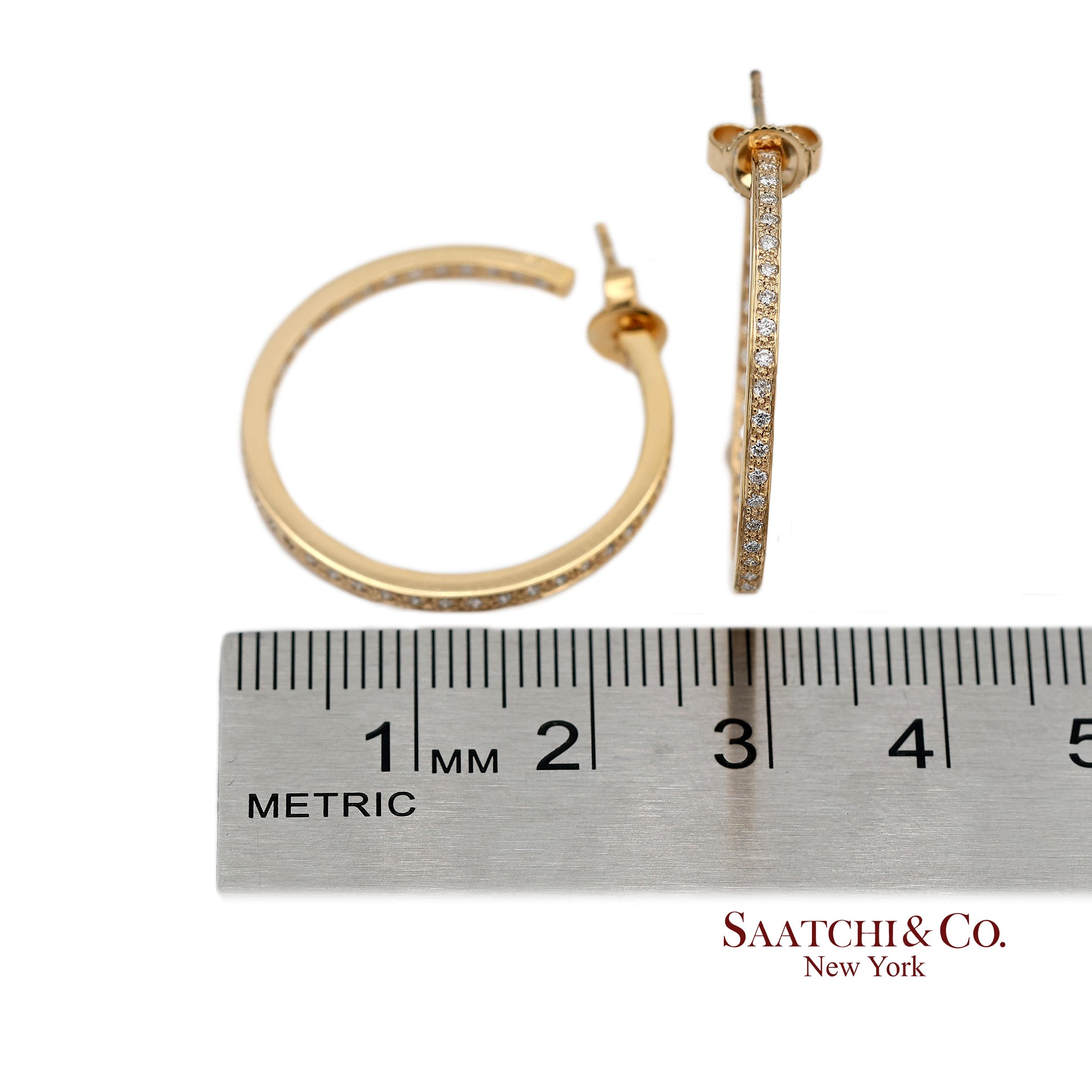 18K(750) Solid Yellow Gold In and Out Natural Diamond Hoop Earrings