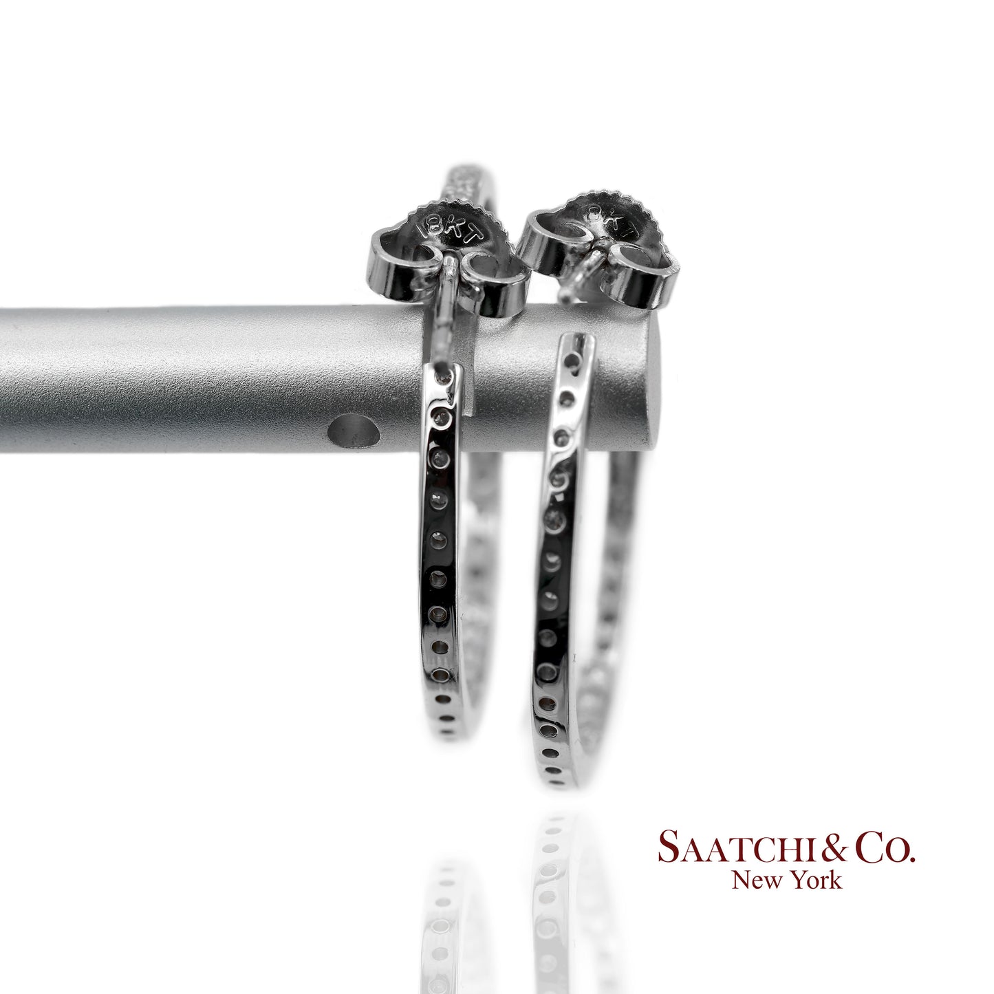 18K(750) Solid White Gold In and Out Natural Diamond Hoop Earrings