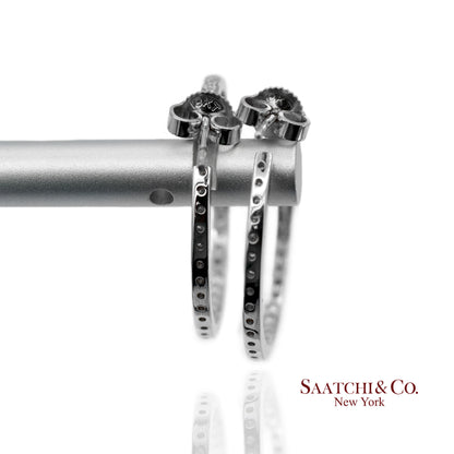 18K(750) Solid White Gold In and Out Natural Diamond Hoop Earrings
