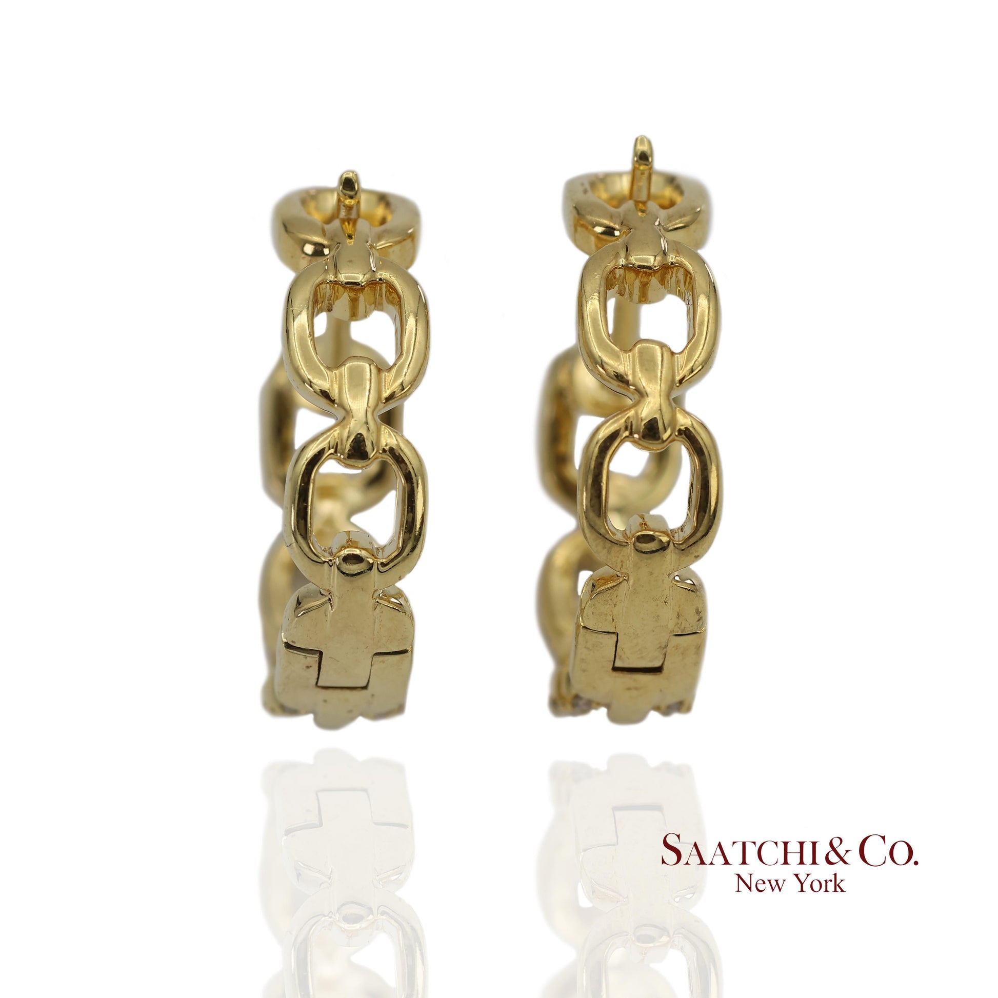 14K(585) Solid Yellow Gold Natural Diamond Link Chain Huggies Earrings