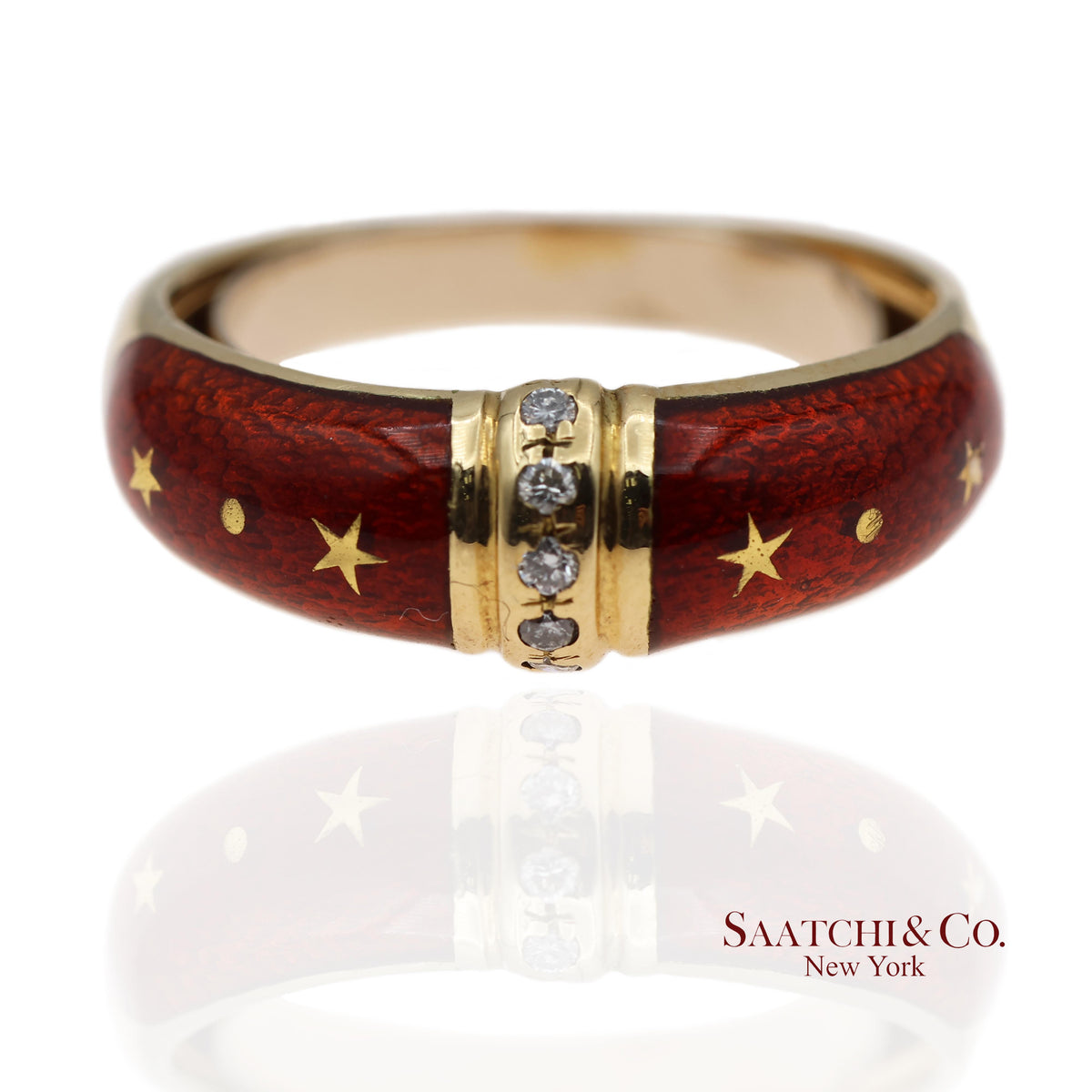 Vintage Faberge 18K (750) Solid Yellow Gold Red Enamel Diamond Ring
