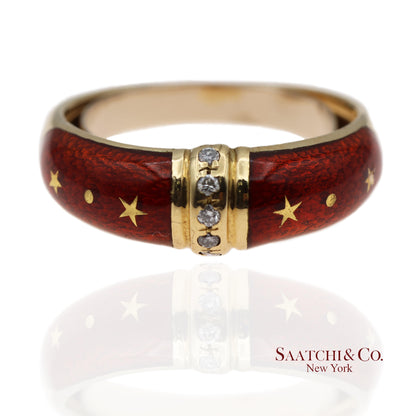 Vintage Faberge 18K (750) Solid Yellow Gold Red Enamel Diamond Ring