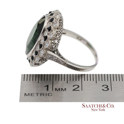 Vintage Platinum 950 Milgrain Natural Diamond and Tourmaline Ring