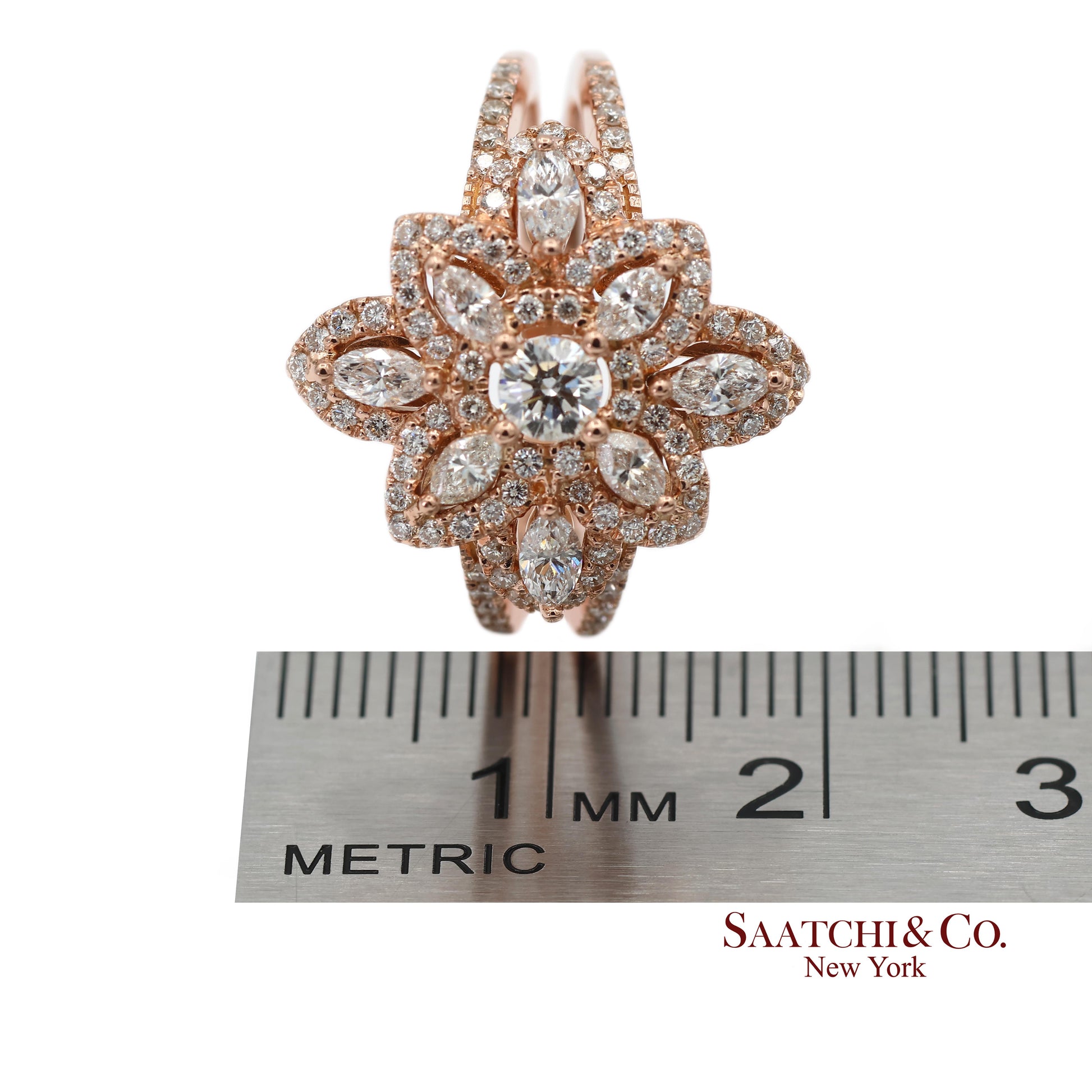 18K 750 Solid Rose Gold Floral Natural Diamond Ring
