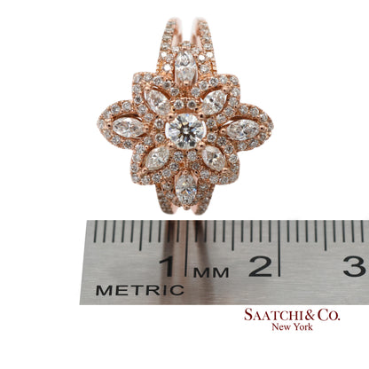 18K 750 Solid Rose Gold Floral Natural Diamond Ring