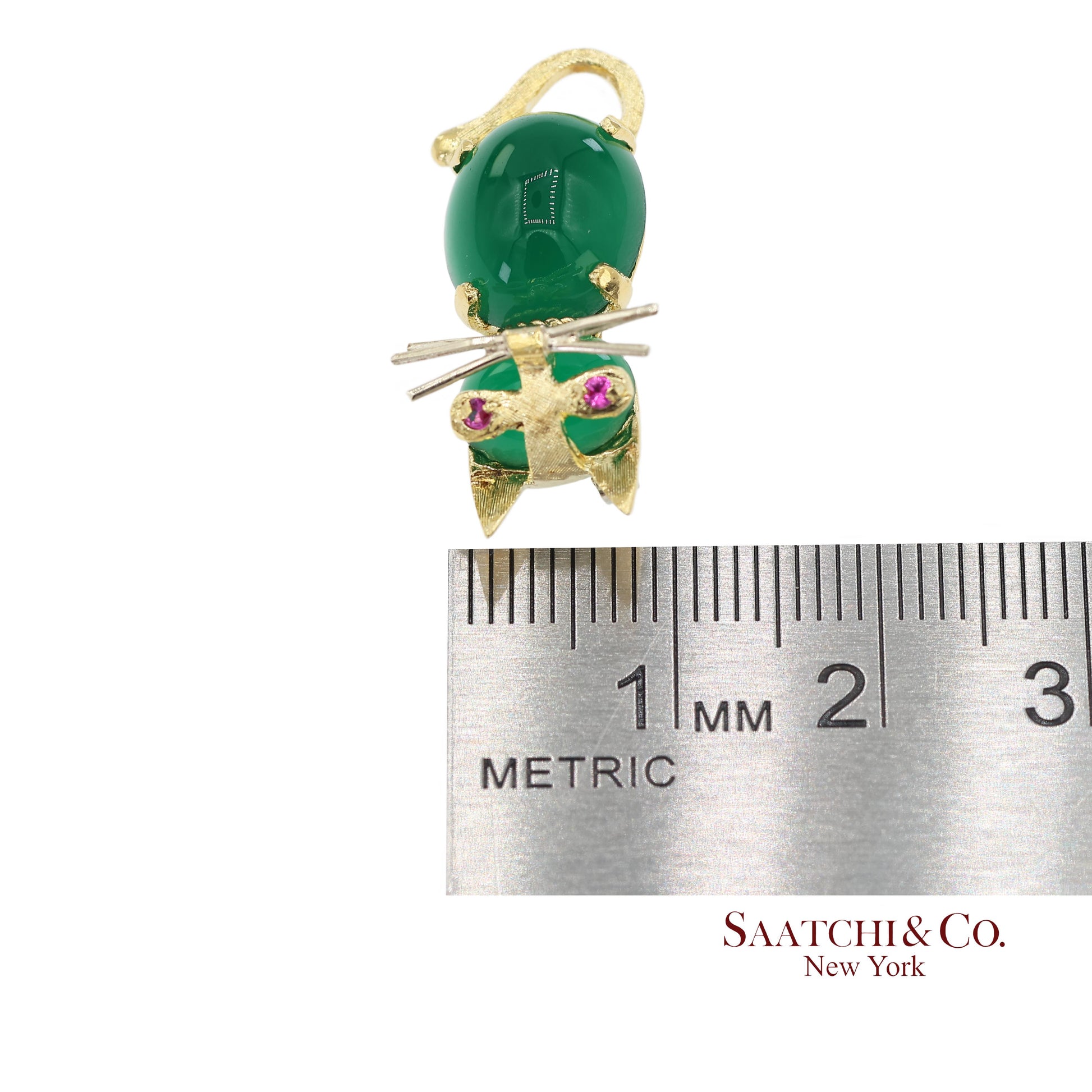 18K 750 Solid Yellow Gold Natural Ruby Eyes & Green Gemstones Cat Pin Brooch