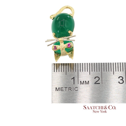18K 750 Solid Yellow Gold Natural Ruby Eyes & Green Gemstones Cat Pin Brooch