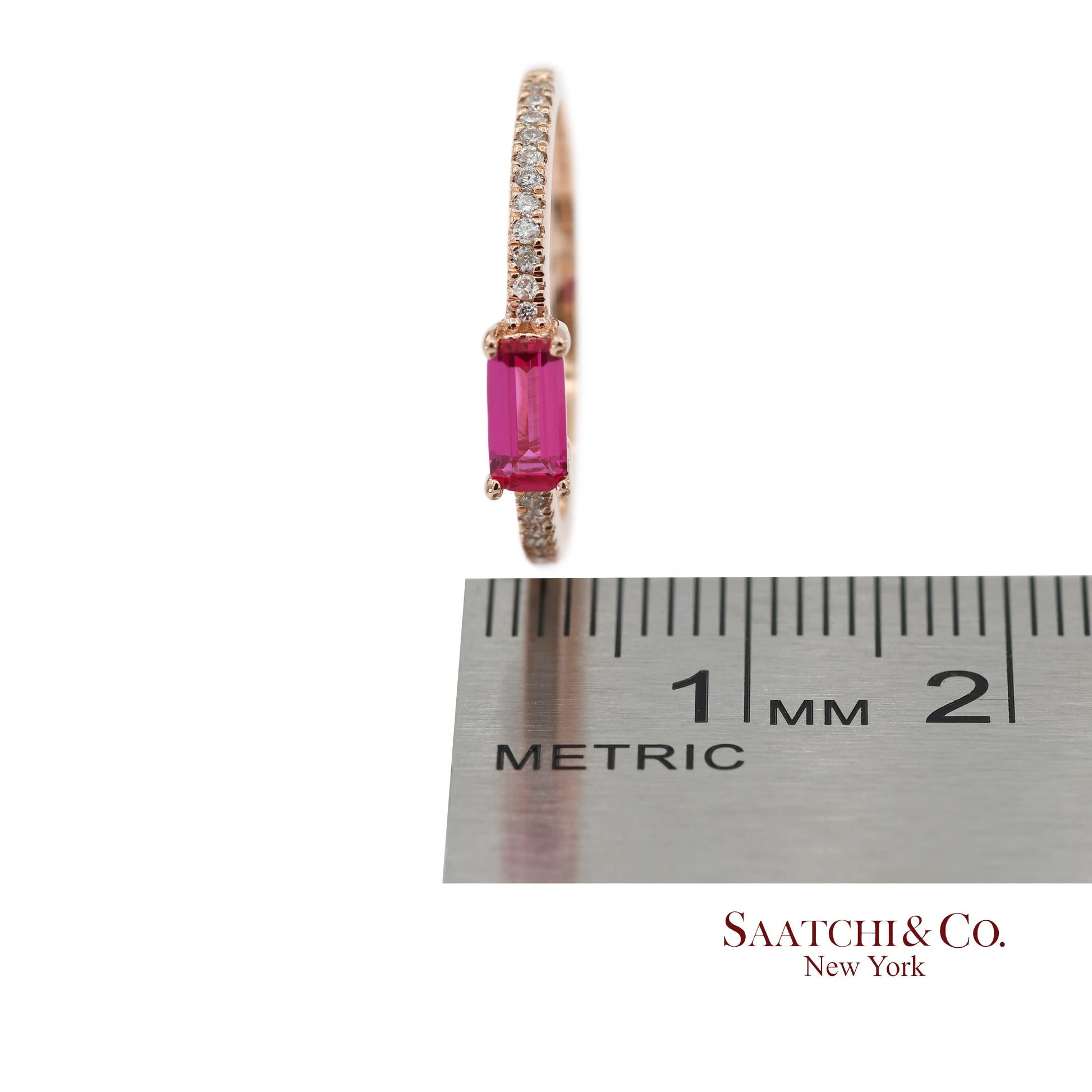 14K 585 Solid Rose Gold Pink Baguette Cut Stone and Natural Diamond Ring