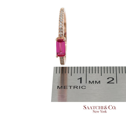 14K 585 Solid Rose Gold Pink Baguette Cut Stone and Natural Diamond Ring