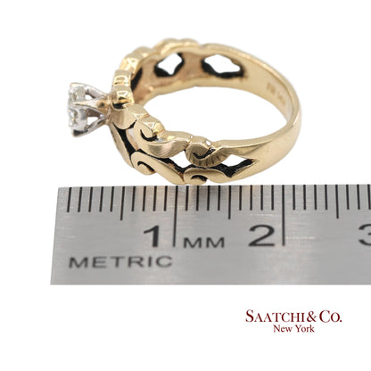 0.13 Ct Natural Diamond 14K Yellow Gold Openwork Scroll Design Ring