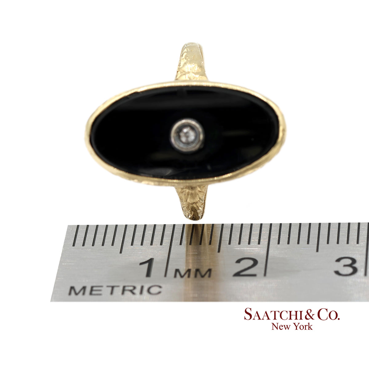 Vintage 14K Solid Yellow Gold Oval Black Onyx and Diamond Ring