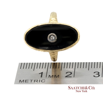 Vintage 14K Solid Yellow Gold Oval Black Onyx and Diamond Ring