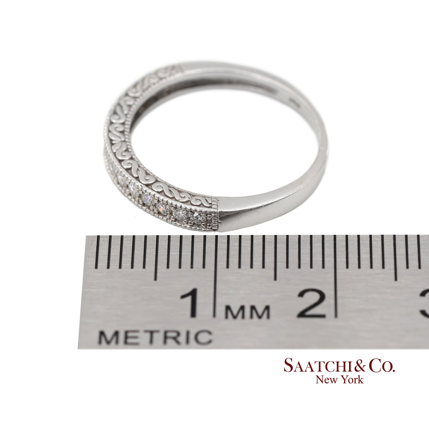 14K 585 Solid White Gold Side Engraving Milgrain Natural Diamond Band Ring