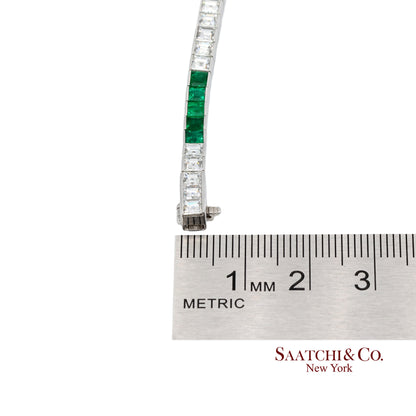 Platinum 950 Custom Made Natural Diamond and Emerald Bezel Tennis Bracelet