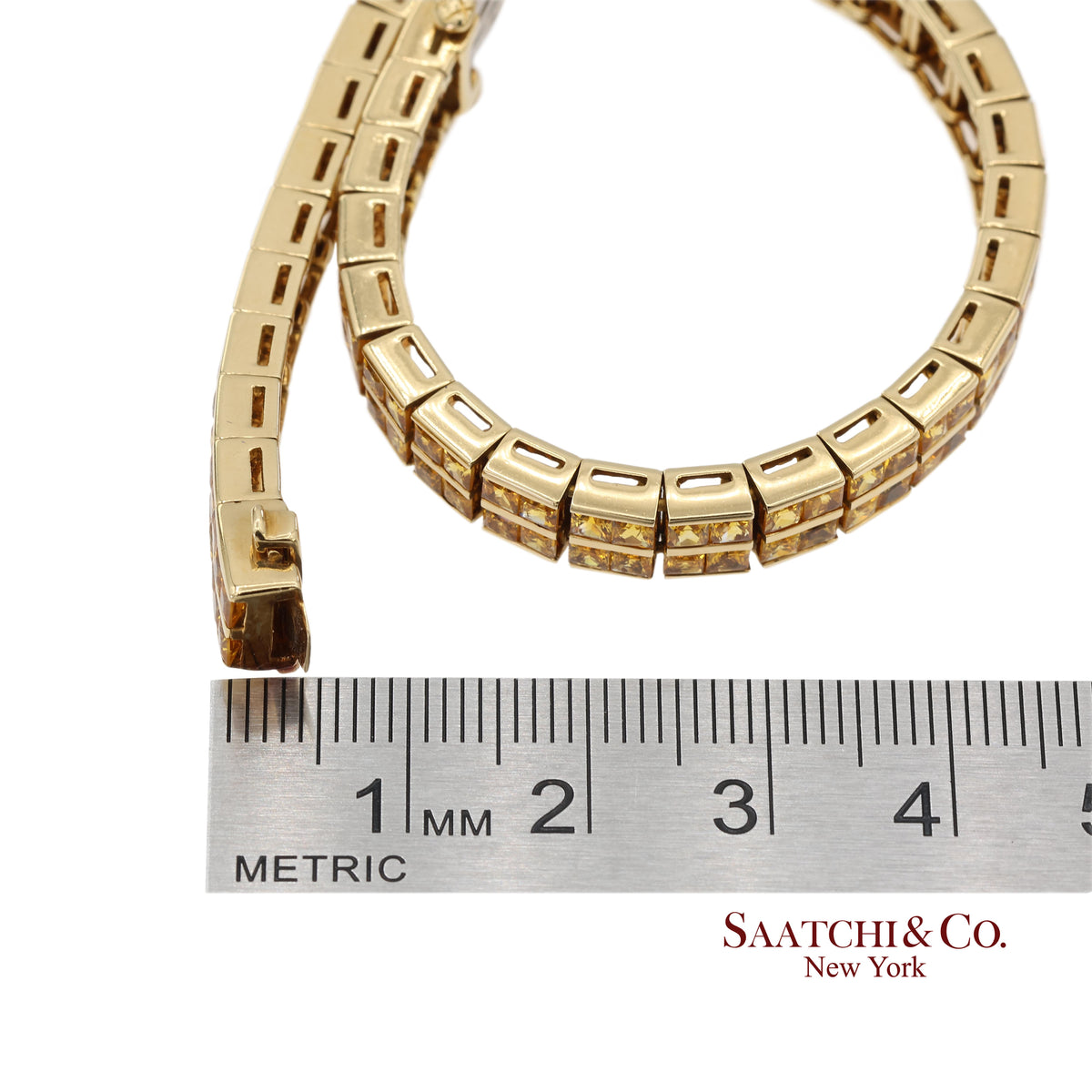12.50 Ct Natural Yellow Sapphire Princess Cut Bracelet in 18K Yellow Gold