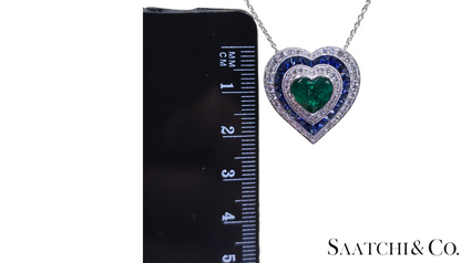 Platinum (950) Heart Shape Natural Emerald Sapphire Diamond Pendant With Chain