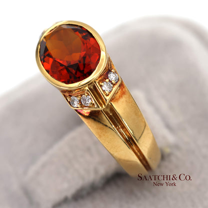 18K(750) Solid Yellow Gold Natural Diamond Mandarin Garnet Ring