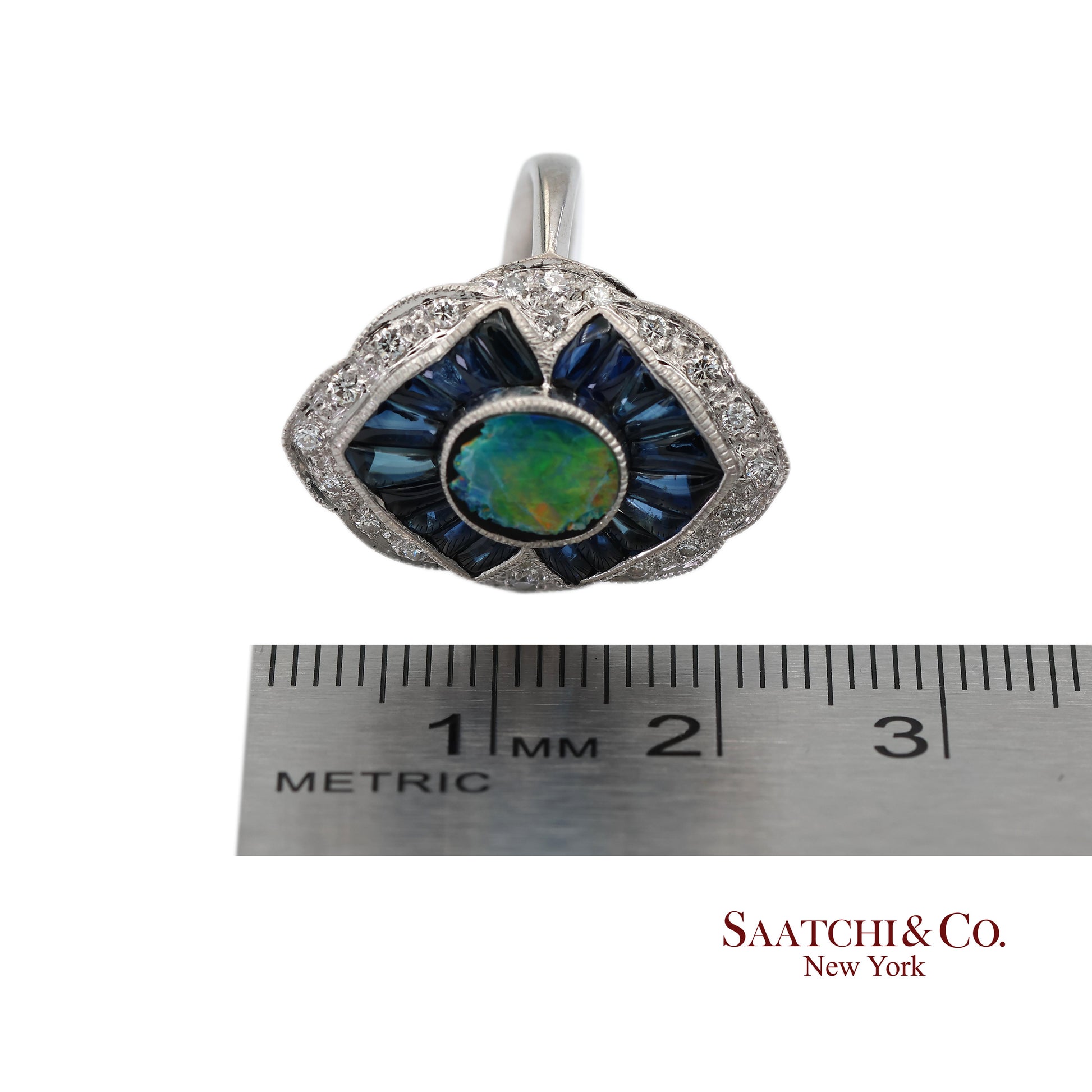 18K(750) Solid White Gold Natural Diamond Sapphire and Opal Ring