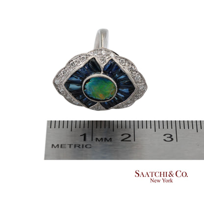 18K(750) Solid White Gold Natural Diamond Sapphire and Opal Ring