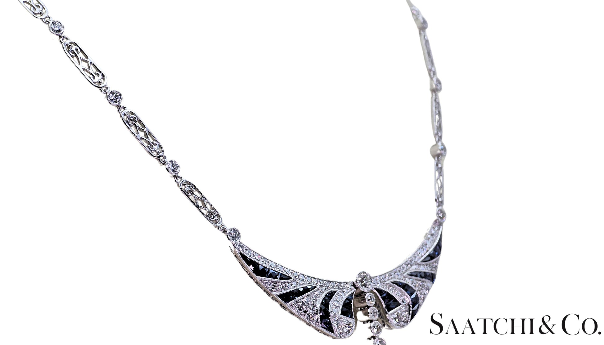 GIA Certified Diamond and Natural Sapphire in Platinum 950 Elegant Necklace