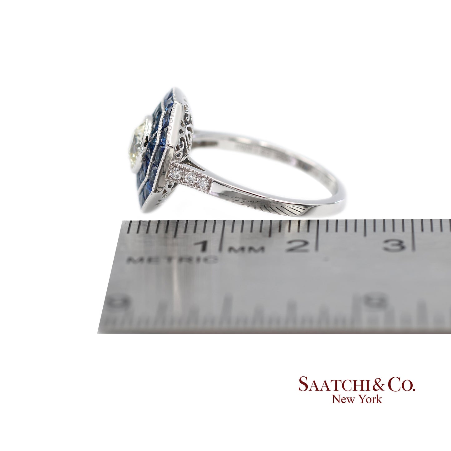 Platinum 950 Natural Diamond and Natural Sapphire Milgrain Ring