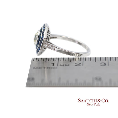Platinum 950 Natural Diamond and Natural Sapphire Milgrain Ring
