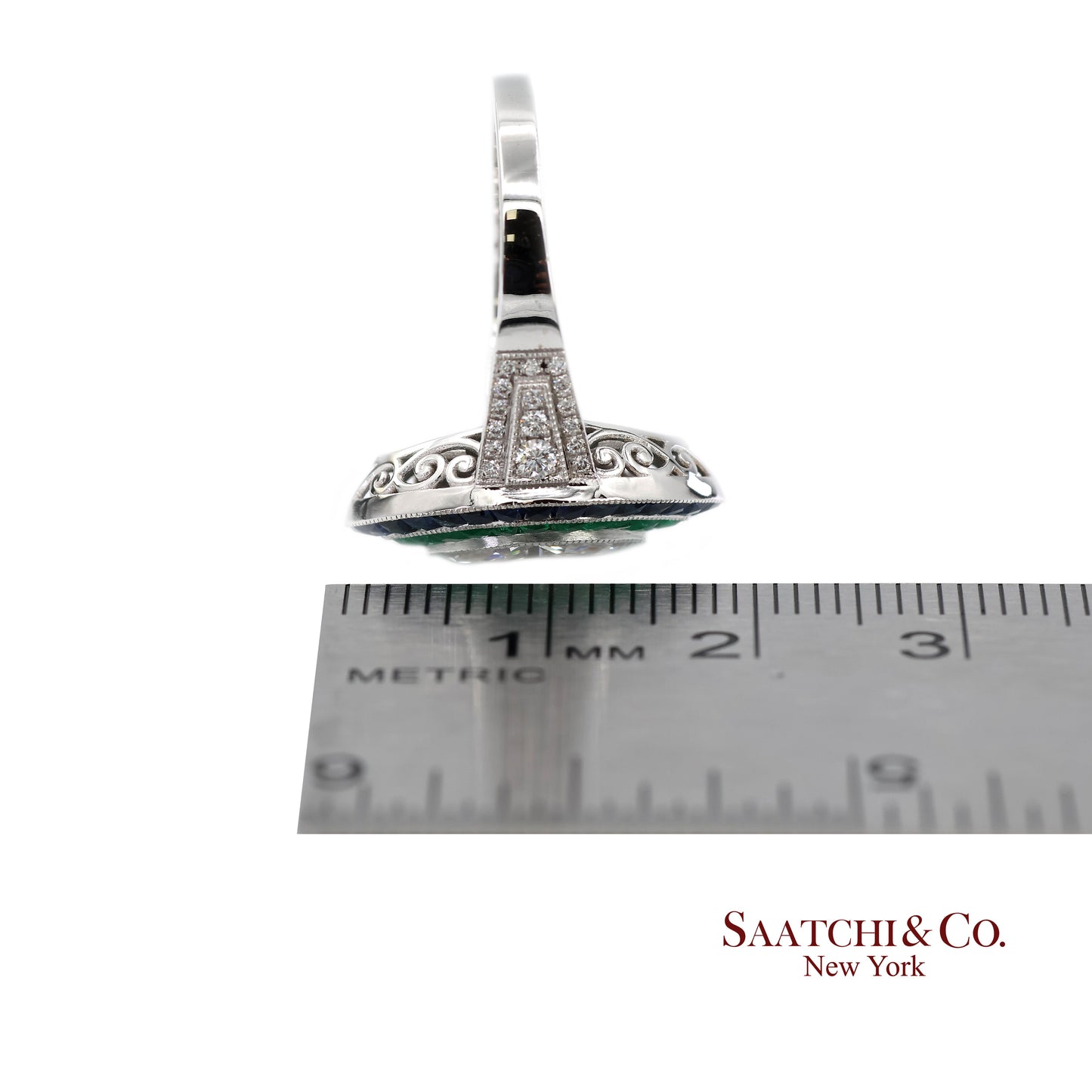 GIA_18K 750 Solid White Gold Natural Diamond Emerald and Sapphire Milgrain Ring