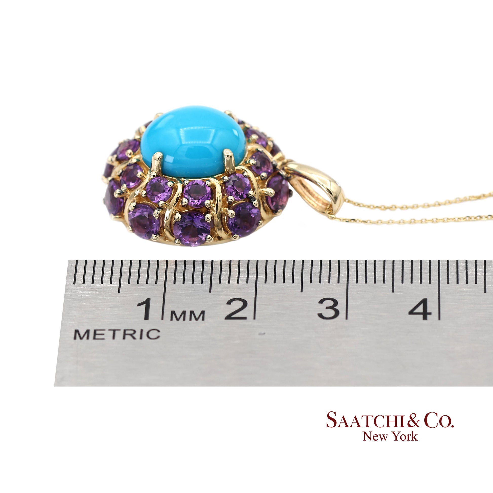 14K Yellow Gold Carlo Viani Turquoise and Amethyst Pendant Necklace with Chain