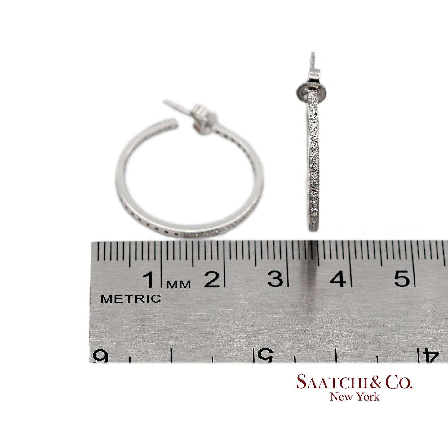 18K(750) Solid White Gold In and Out Natural Diamond Hoop Earrings