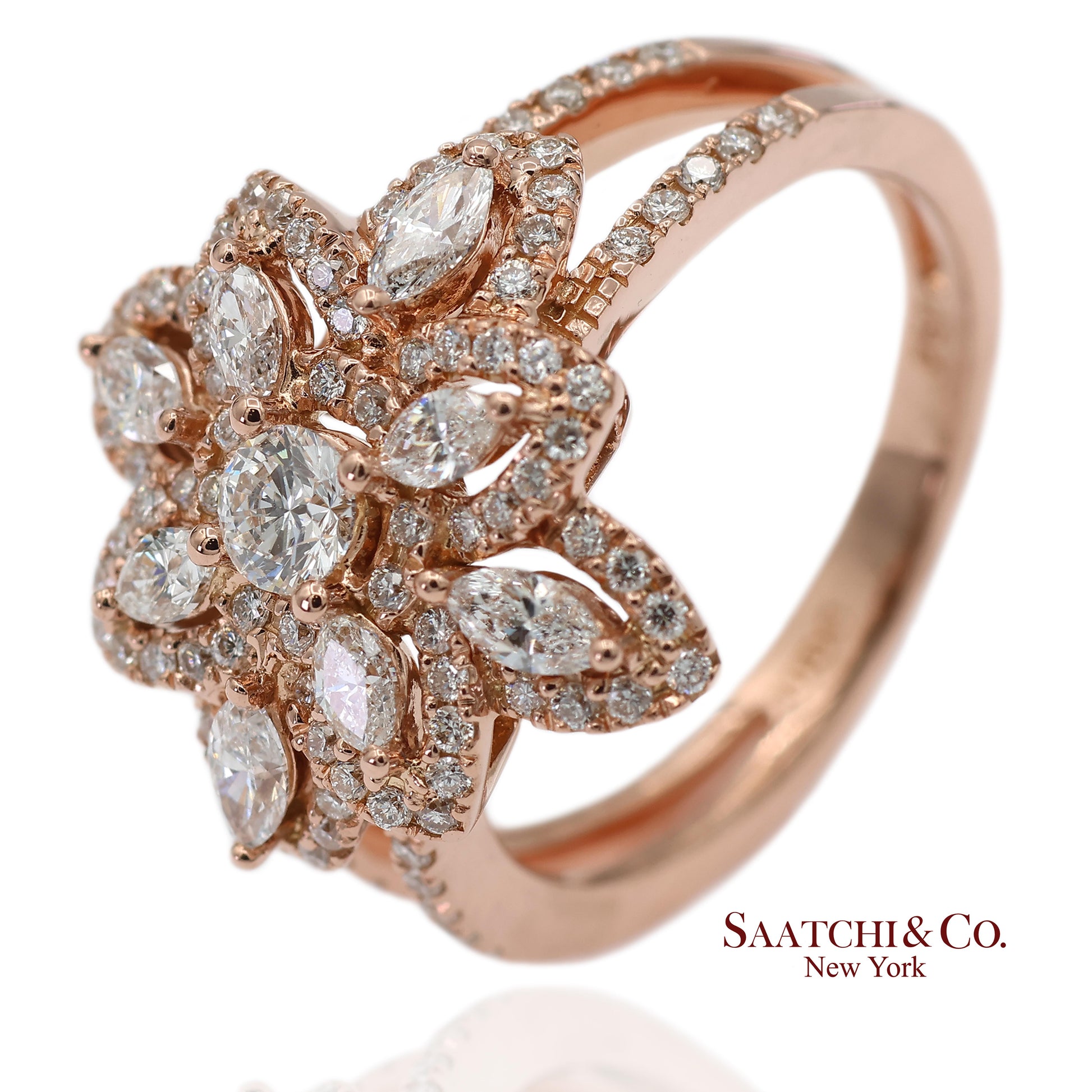 18K 750 Solid Rose Gold Floral Natural Diamond Ring