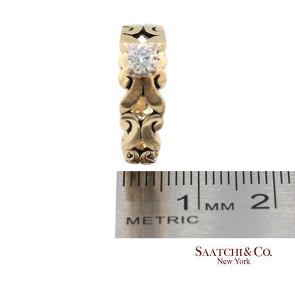 0.13 Ct Natural Diamond 14K Yellow Gold Openwork Scroll Design Ring