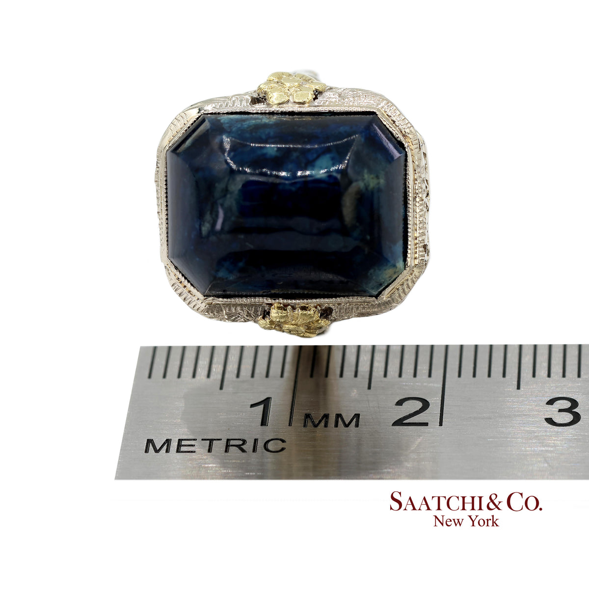 Vintage 14K Two Tone Yellow and White Gold Blue Stone Ornate Floral Motif Ring