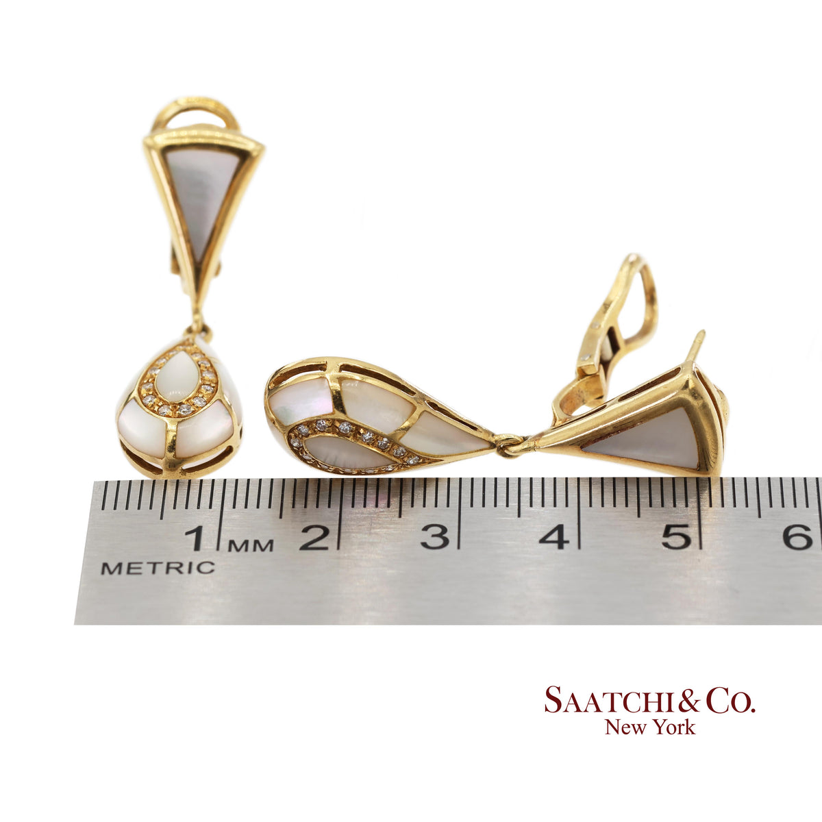 18K Yellow Gold 0.50 ct Natural Diamond and Mother of Pearl Omega Back Earrings