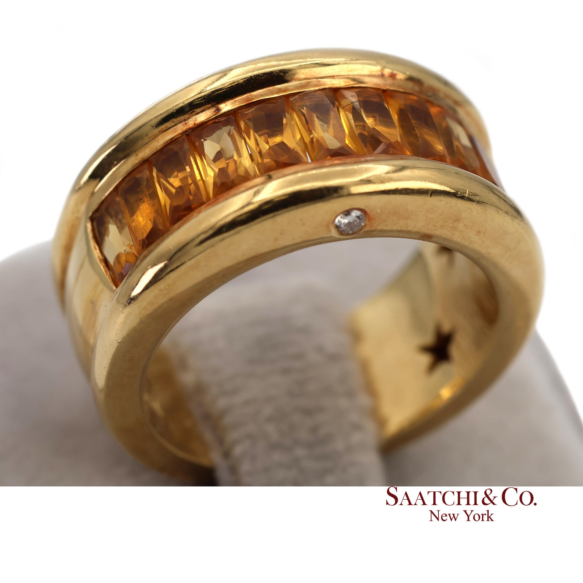 18K(750) Solid Yellow Gold Natural Diamond and Citrine Wide Band Ring
