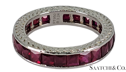 Stunning Platinum (950) Engraved Natural Ruby: Ring Band, Size 5.5