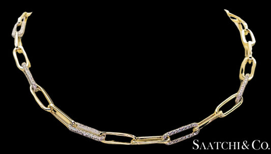 14K (585) White - Yellow Gold Two tone PaperClip shape Necklace -Natural Diamond