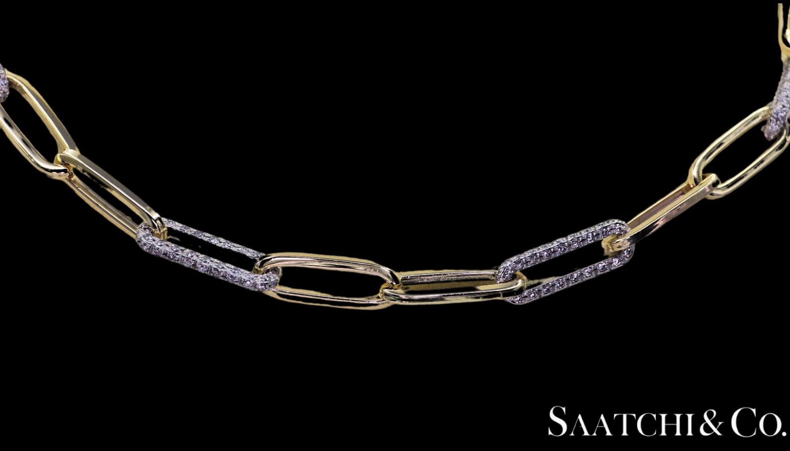 14K (585) White - Yellow Gold Two tone PaperClip shape Necklace -Natural Diamond
