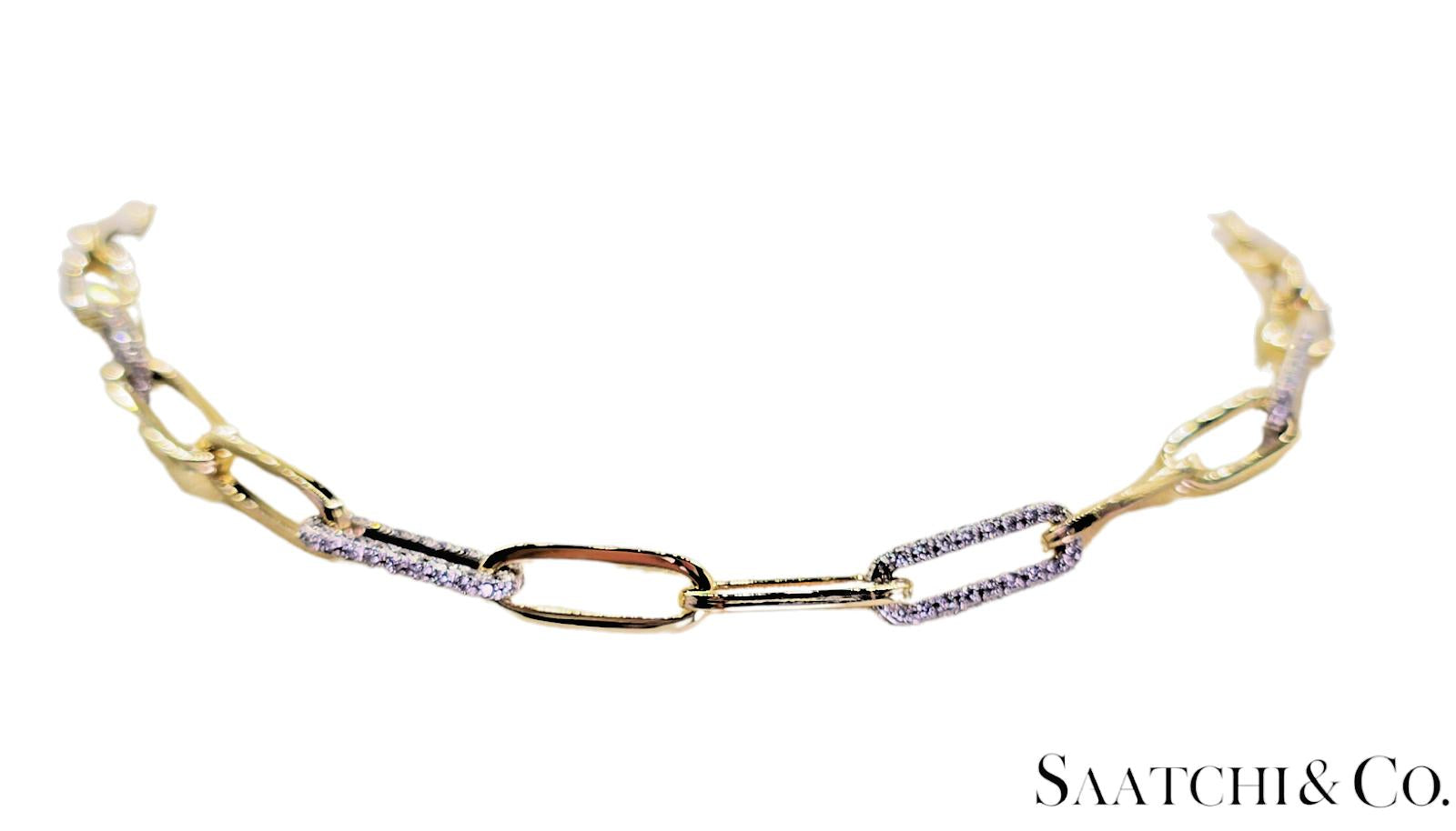 14K (585) White - Yellow Gold Two tone PaperClip shape Necklace -Natural Diamond