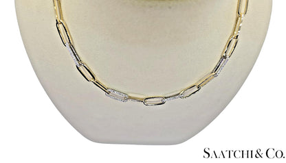 14K (585) White - Yellow Gold Two tone PaperClip shape Necklace -Natural Diamond