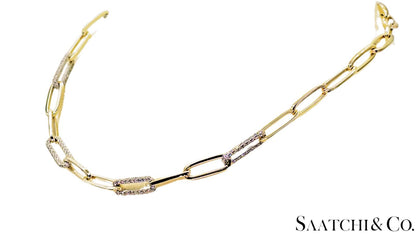 14K (585) White - Yellow Gold Two tone PaperClip shape Necklace -Natural Diamond