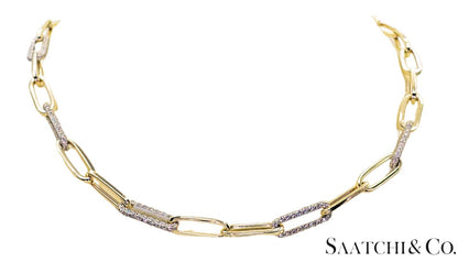 14K (585) White - Yellow Gold Two tone PaperClip shape Necklace -Natural Diamond