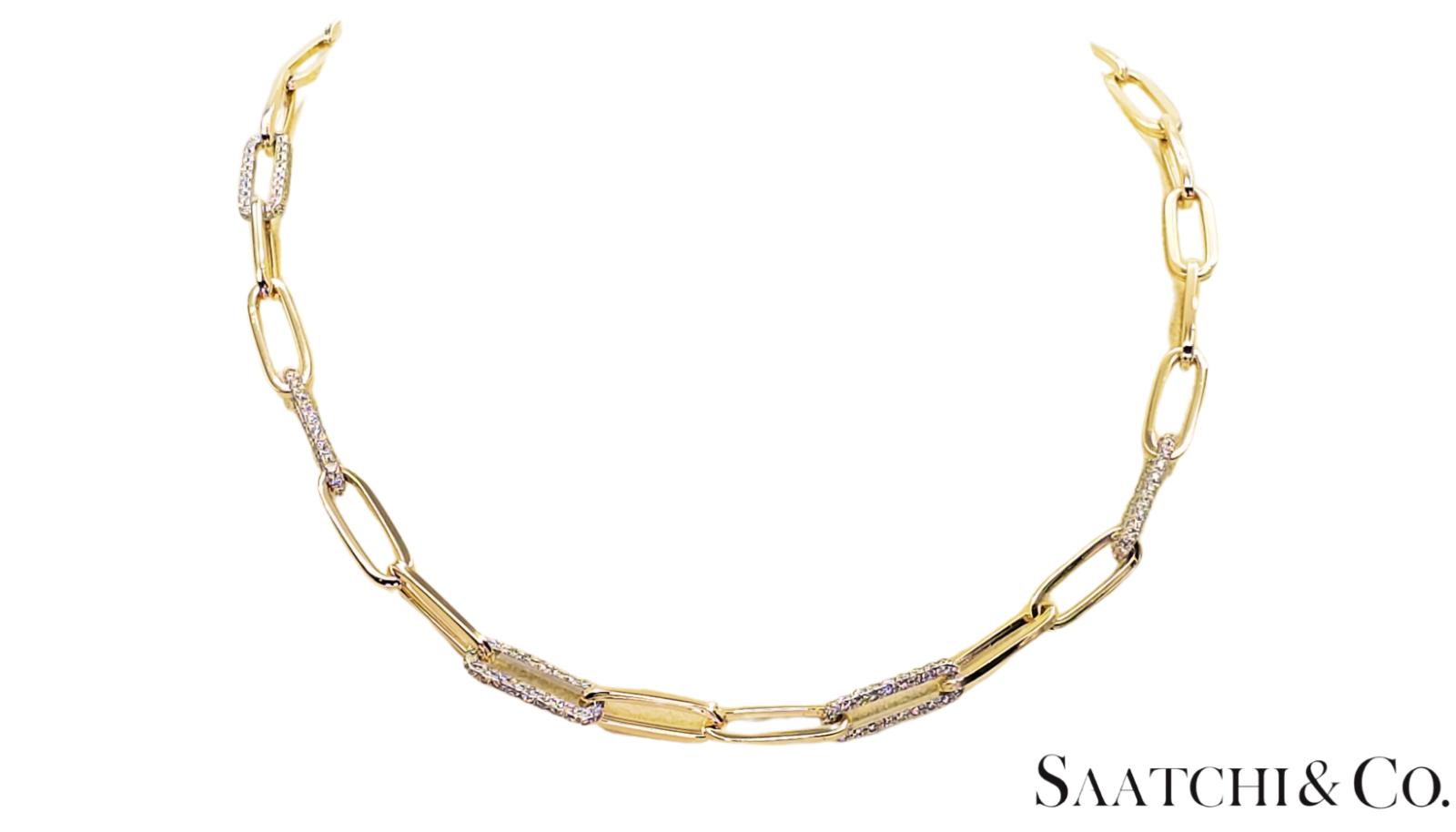 14K (585) White - Yellow Gold Two tone PaperClip shape Necklace -Natural Diamond